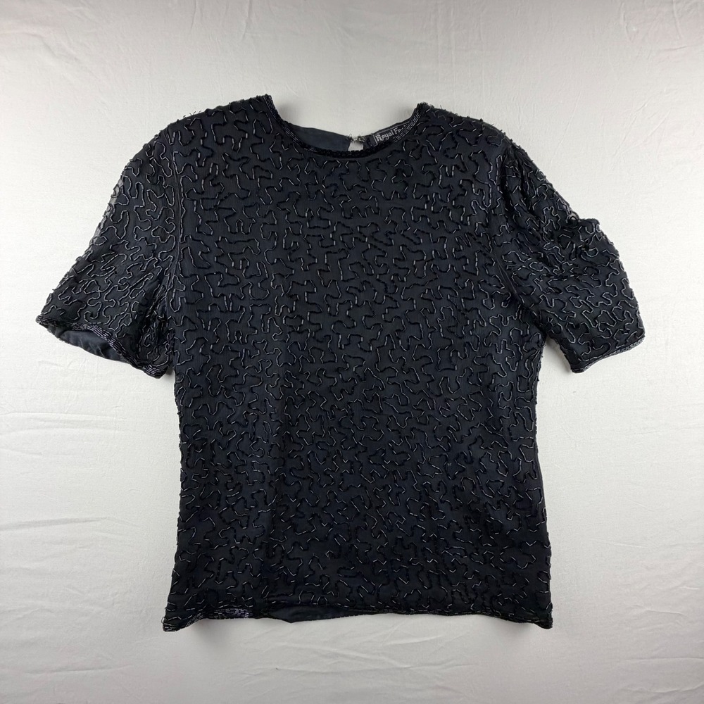 Royal Feelings Beaded AOP Silk Top‎ Vintage Womens Large Black S/S Evening 0202